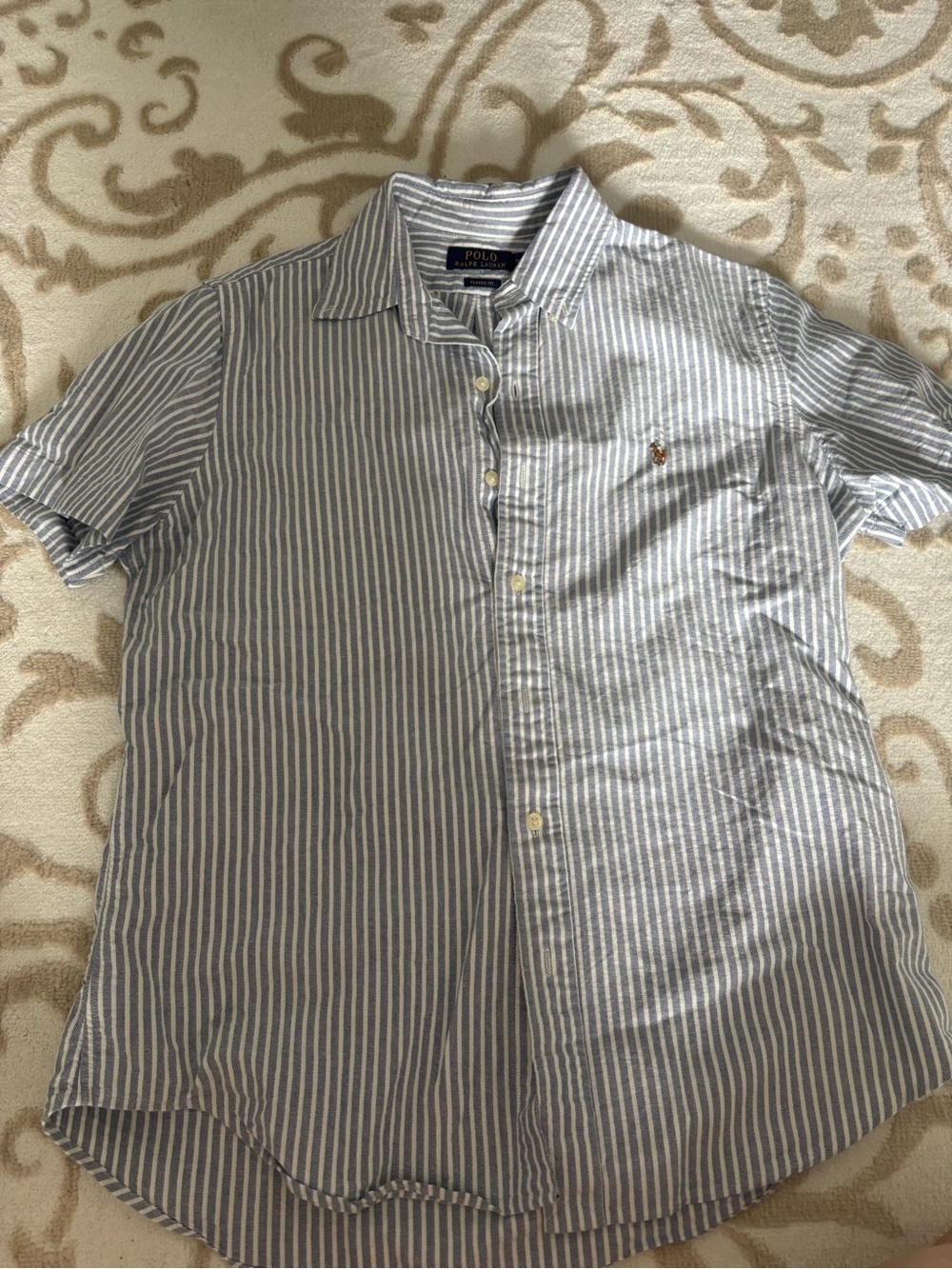 Ralph Lauren Blue and White Vertical Stripe Short Sleeve Shirt